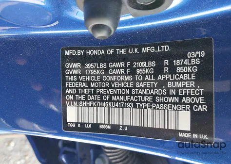 2019 Honda Civic Sport from USA, damaged, VIN SHHFK7H46KU417193